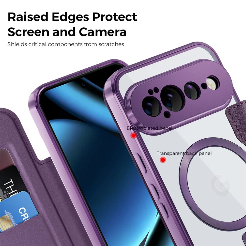 For Google Pixel 11 Pro XL Magnetic Case RFID Blocking Card Holder Leather Phone Cover with Lens Film - Dark Purple - 7