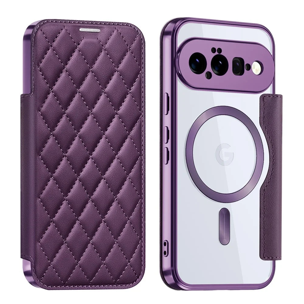 For Google Pixel 11 Magnetic Case RFID Blocking Card Holder Rhombus PU Leather Phone Cover with Lens Film - Dark Purple - 1