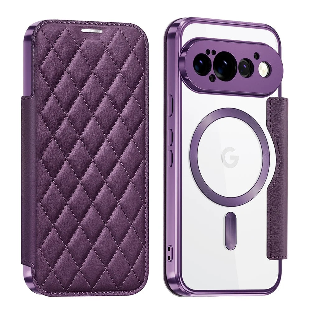 For Google Pixel 11 Pro Magnetic Case RFID Blocking Card Holder Rhombus PU Leather Phone Cover with Lens Film - Dark Purple - 1