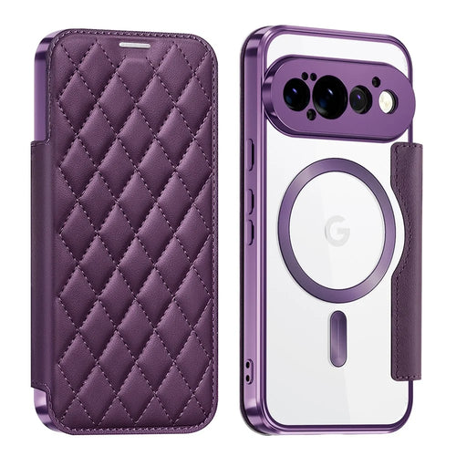 For Google Pixel 11 Pro Magnetic Case RFID Blocking Card Holder Rhombus PU Leather Phone Cover with Lens Film - Dark Purple - 1