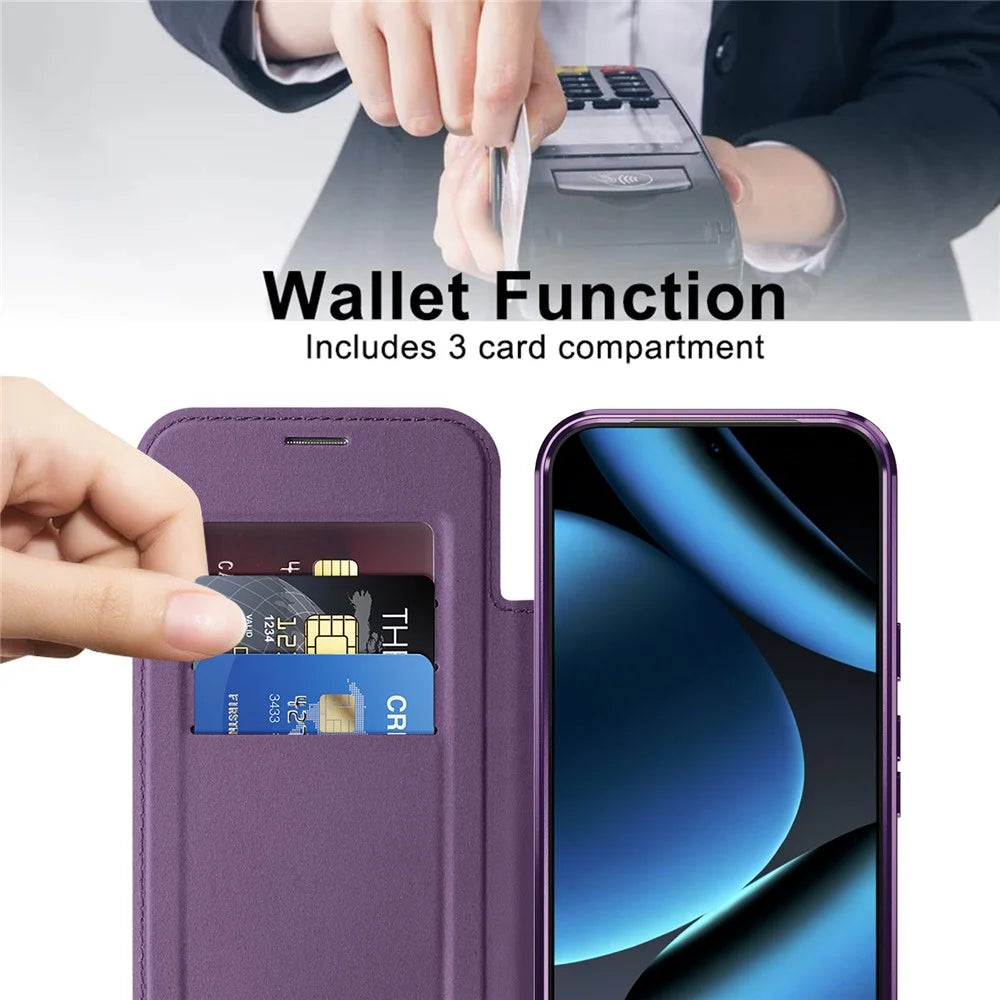 For Google Pixel 11 Pro Magnetic Case RFID Blocking Card Holder Rhombus PU Leather Phone Cover with Lens Film - Dark Purple - 4