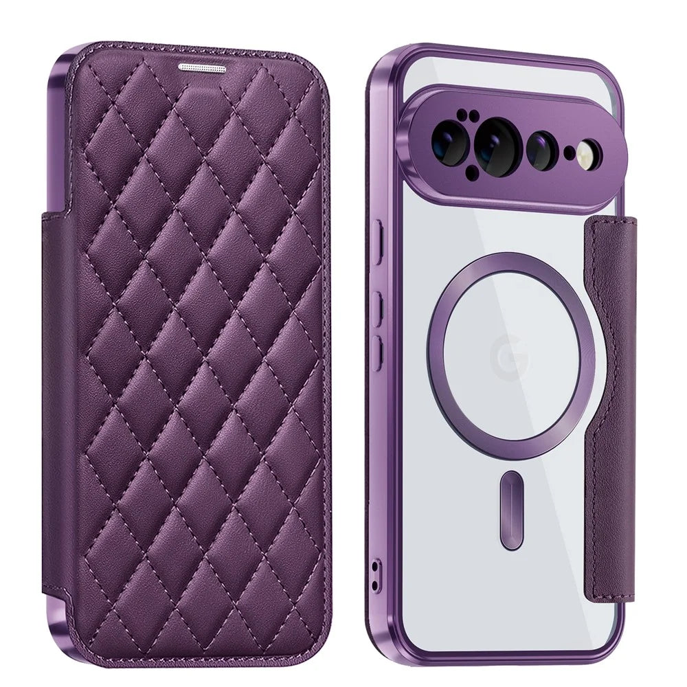 For Google Pixel 11 Pro XL Magnetic Case RFID Blocking Card Holder Rhombus PU Leather Phone Cover with Lens Film - Dark Purple - 1