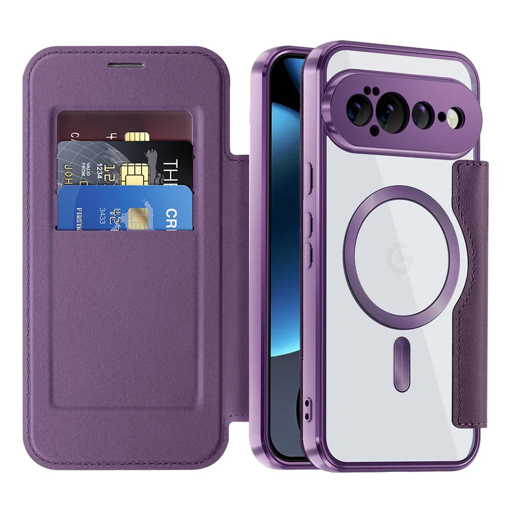 For Google Pixel 11 Pro XL Magnetic Case RFID Blocking Card Holder Rhombus PU Leather Phone Cover with Lens Film - Dark Purple - 2