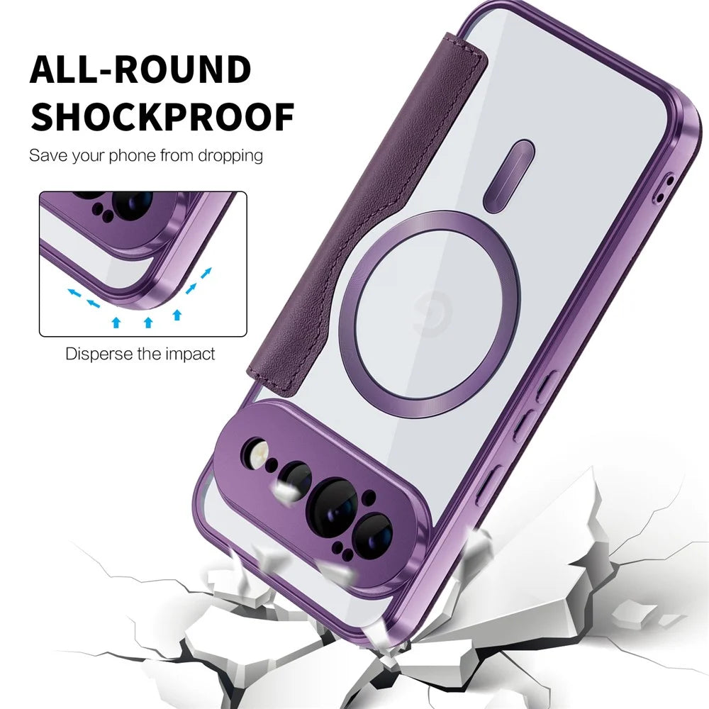 For Google Pixel 11 Pro XL Magnetic Case RFID Blocking Card Holder Rhombus PU Leather Phone Cover with Lens Film - Dark Purple - 6