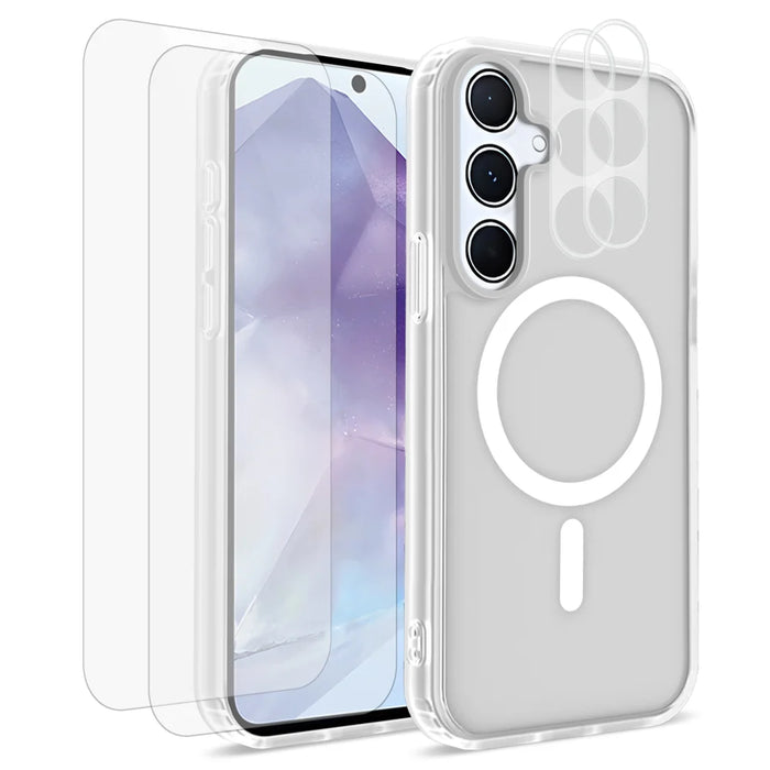 For Samsung Galaxy A35 5G Magnetic Case PC + TPU Matte Phone Cover with 2Pcs Camera Protector + 2Pcs Screen Protector - White - 1