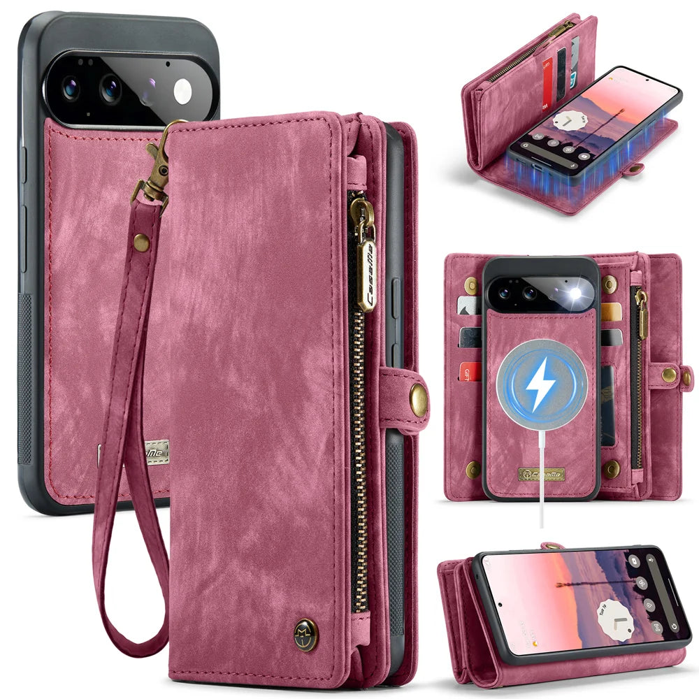 CASEME for Google Pixel 11 Pro / Google Pixel 11 008 Phone Cases Leather Cover with Detachable Wallet and Strap - Red - 1