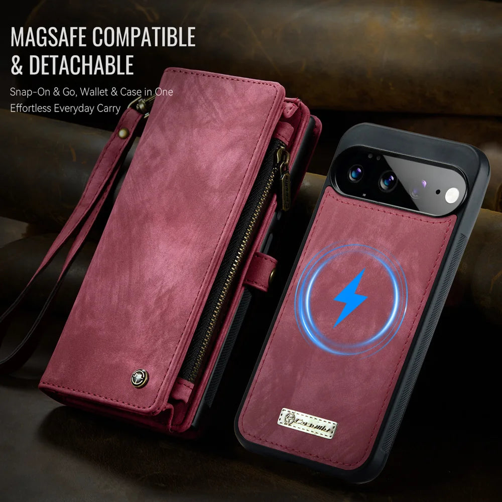 CASEME for Google Pixel 11 Pro XL 008 Phone Cases Leather Cover with Detachable Wallet and Strap - Red - 5