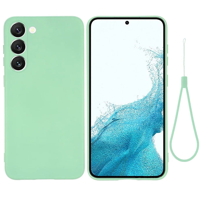 For Samsung Galaxy S23 Phone Protector Case, Liquid Silicone + Soft Lining Protective Back Cover with Strap - Green - 1