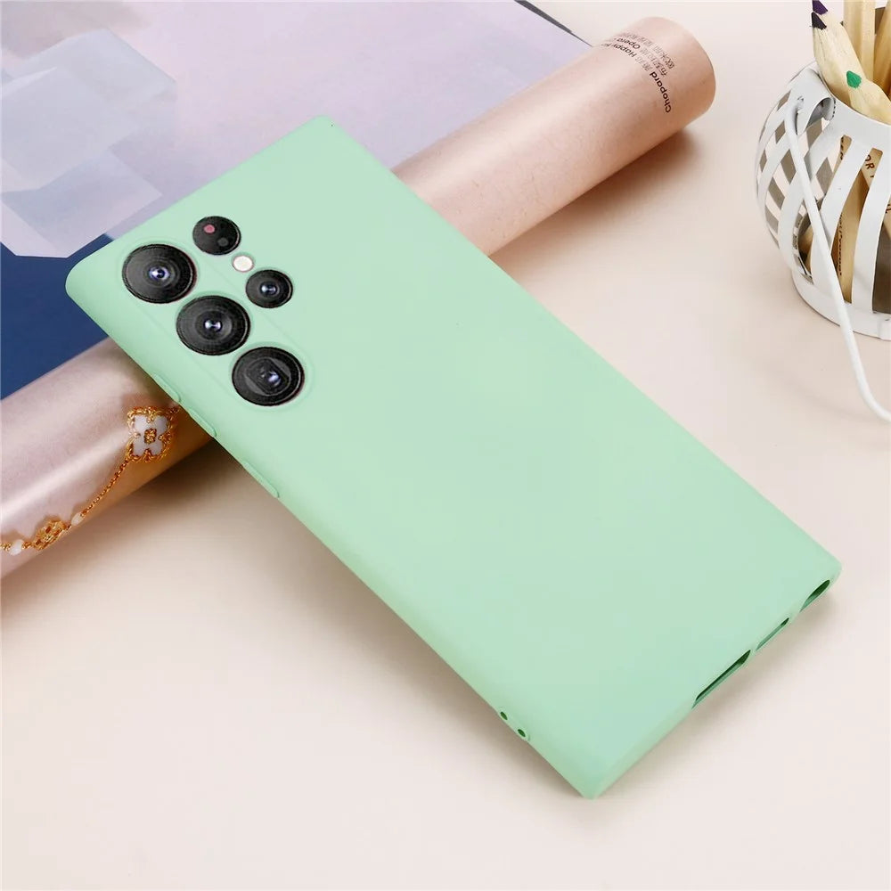For Samsung Galaxy S23 Ultra Scratch Proof Phone Case, Liquid Silicone + Soft Lining Protective Back Cover with Strap - Green - 6