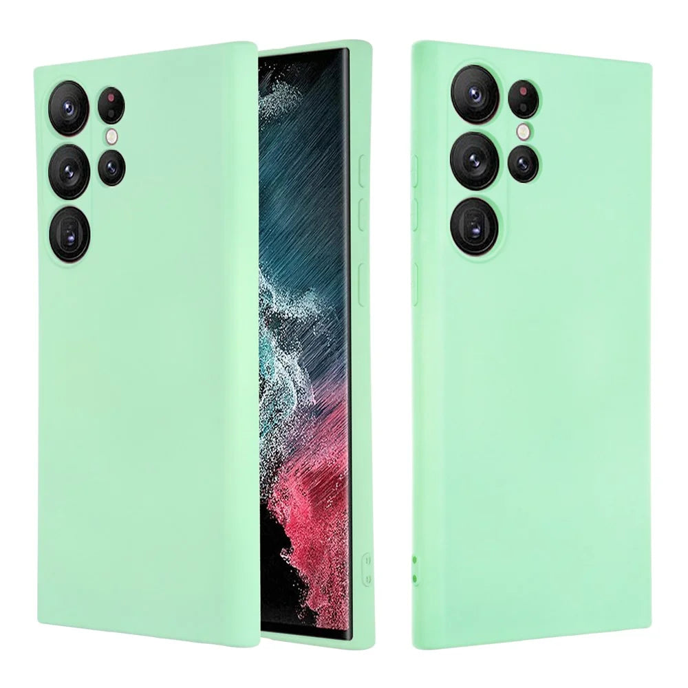 For Samsung Galaxy S23 Ultra Scratch Proof Phone Case, Liquid Silicone + Soft Lining Protective Back Cover with Strap - Green - 7