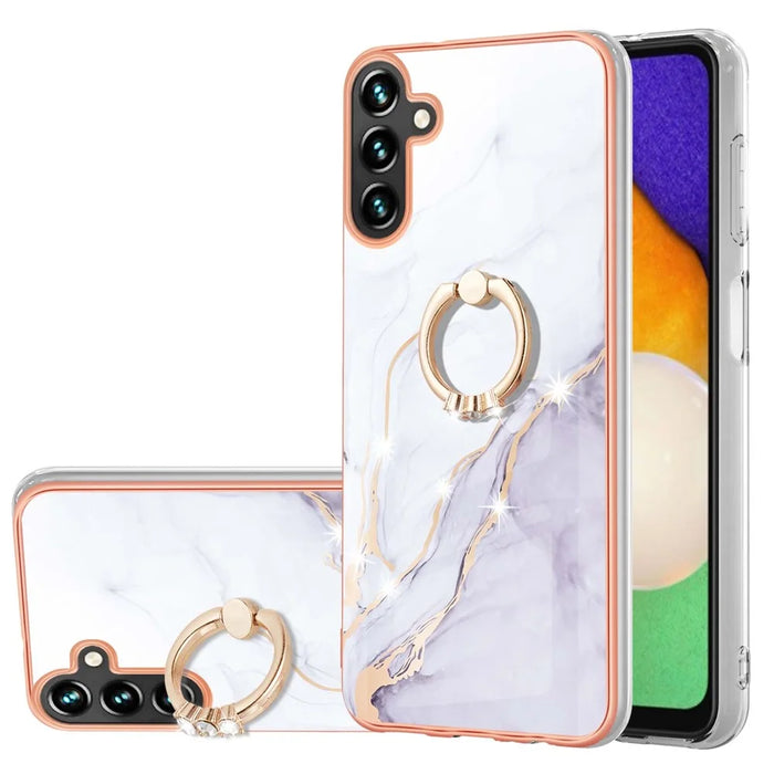 For Samsung Galaxy A14 5G / A14 4G Case with Ring Kickstand Marble Pattern Electroplating TPU Back Cover - White 006 - 1