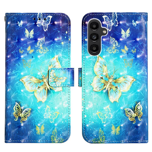 For Samsung Galaxy A14 5G / A14 4G Leather Case 3D Pattern Printing Wallet Stand Mobile Cover with Strap - Golden Butterflies - 1