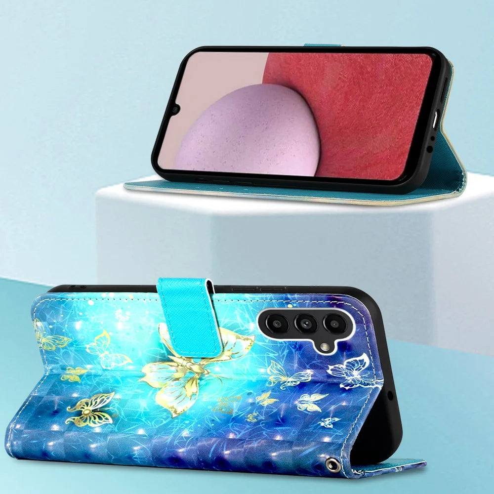 For Samsung Galaxy A14 5G / A14 4G Leather Case 3D Pattern Printing Wallet Stand Mobile Cover with Strap - Golden Butterflies - 4