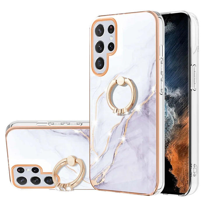 For Samsung Galaxy S23 Ultra Case with Ring Kickstand Marble Pattern Electroplating TPU Back Cover - White 006 - 1