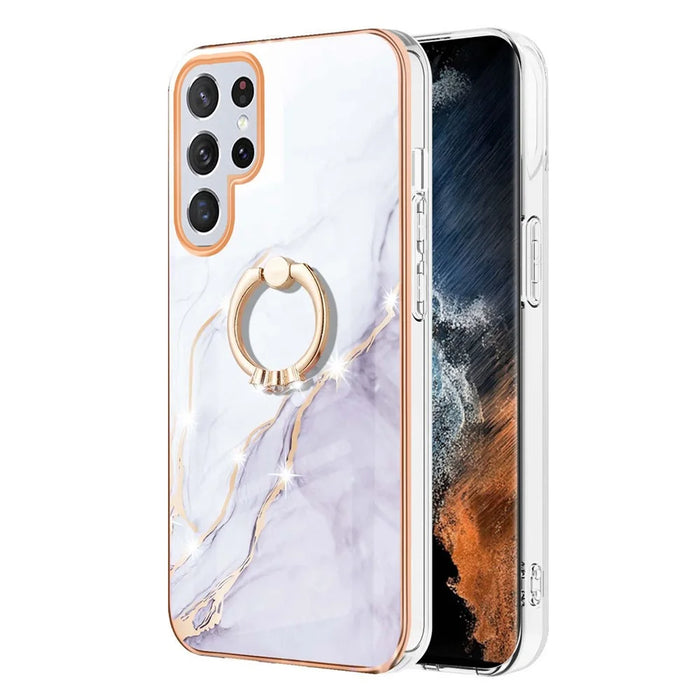 For Samsung Galaxy S23 Ultra Case with Ring Kickstand Marble Pattern Electroplating TPU Back Cover - White 006 - 2