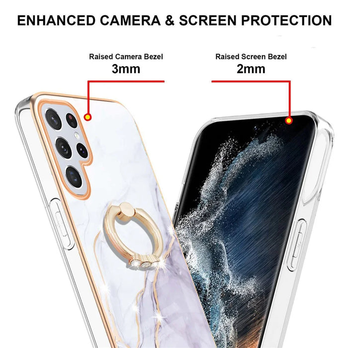 For Samsung Galaxy S23 Ultra Case with Ring Kickstand Marble Pattern Electroplating TPU Back Cover - White 006 - 3