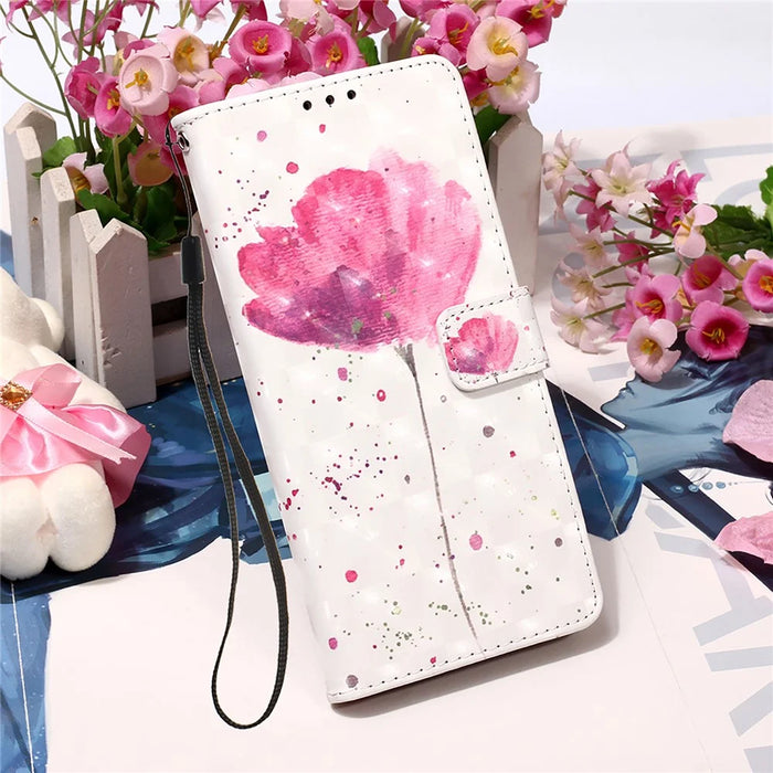 For Samsung Galaxy S23 Leather Case 3D Pattern Printing Wallet Stand Mobile Cover with Strap - Flower - 4