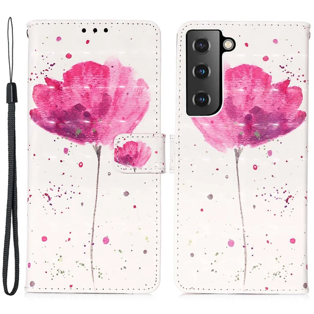 For Samsung Galaxy S23+ Leather Case 3D Pattern Printing Wallet Stand Mobile Cover with Strap - Flower - 1