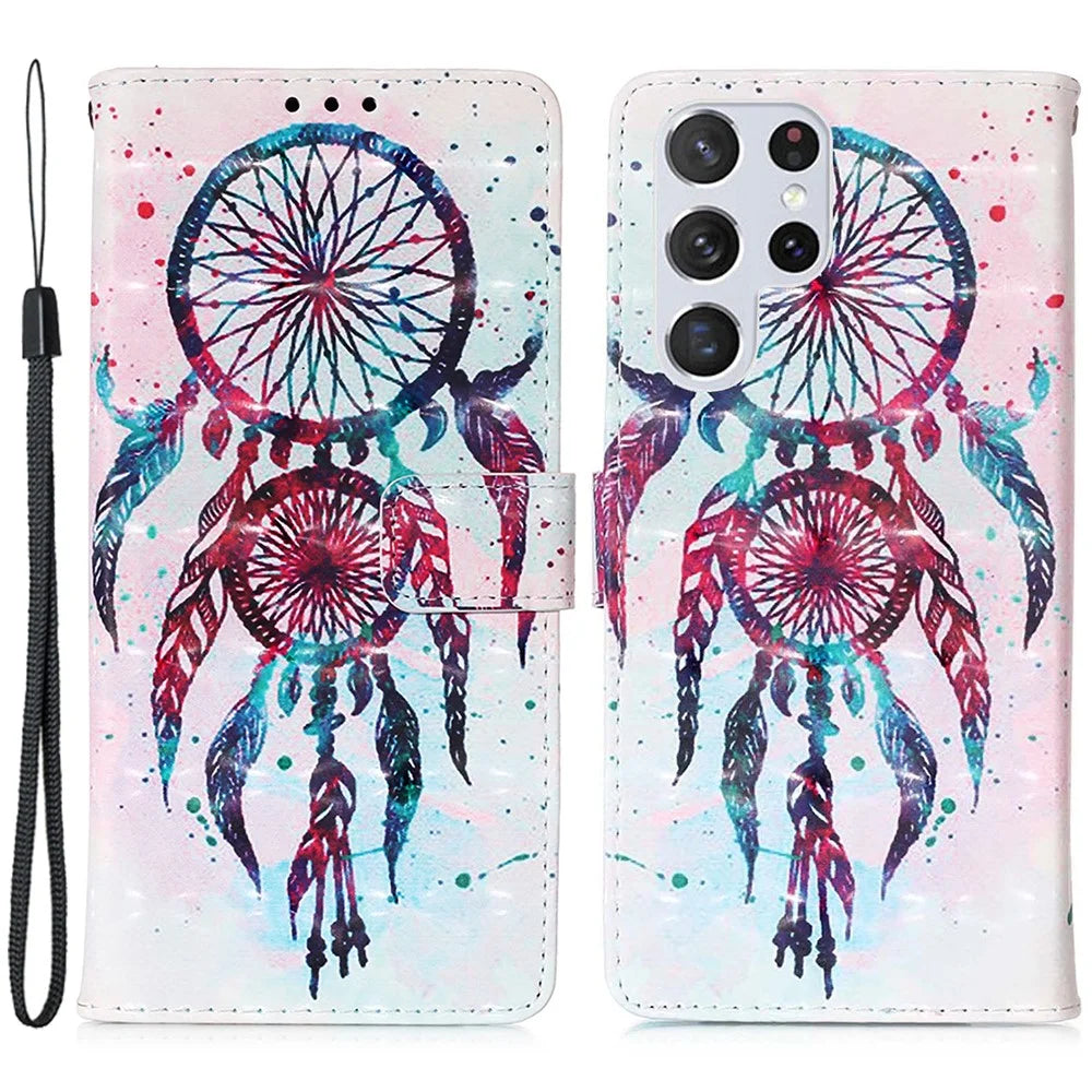 For Samsung Galaxy S23 Ultra Leather Case 3D Pattern Printing Wallet Stand Mobile Cover with Strap - Colorful Wind Chime - 1