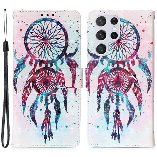 For Samsung Galaxy S23 Ultra Leather Case 3D Pattern Printing Wallet Stand Mobile Cover with Strap - Colorful Wind Chime - 1