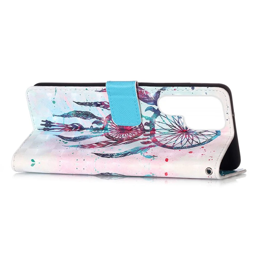 For Samsung Galaxy S23 Ultra Leather Case 3D Pattern Printing Wallet Stand Mobile Cover with Strap - Colorful Wind Chime - 3