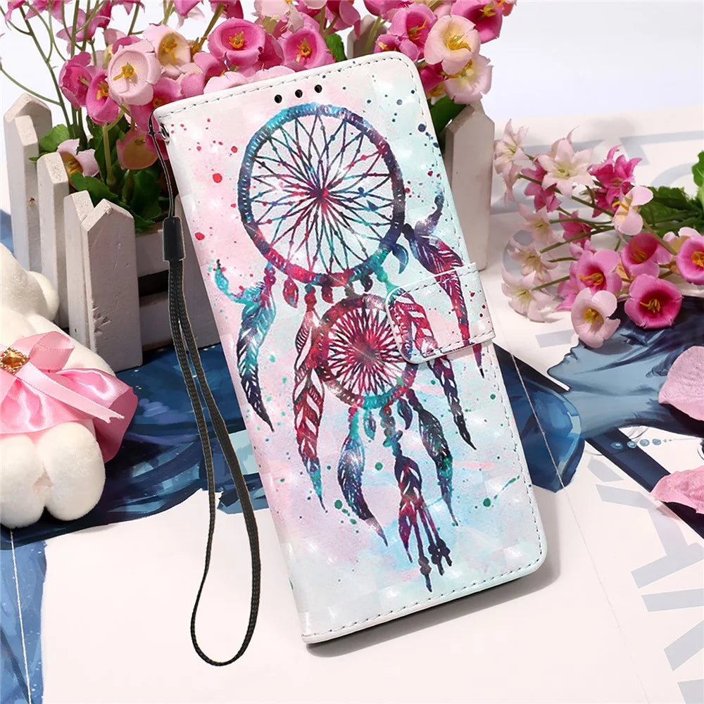 For Samsung Galaxy S23 Ultra Leather Case 3D Pattern Printing Wallet Stand Mobile Cover with Strap - Colorful Wind Chime - 4