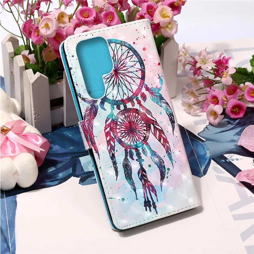 For Samsung Galaxy S23 Ultra Leather Case 3D Pattern Printing Wallet Stand Mobile Cover with Strap - Colorful Wind Chime - 5