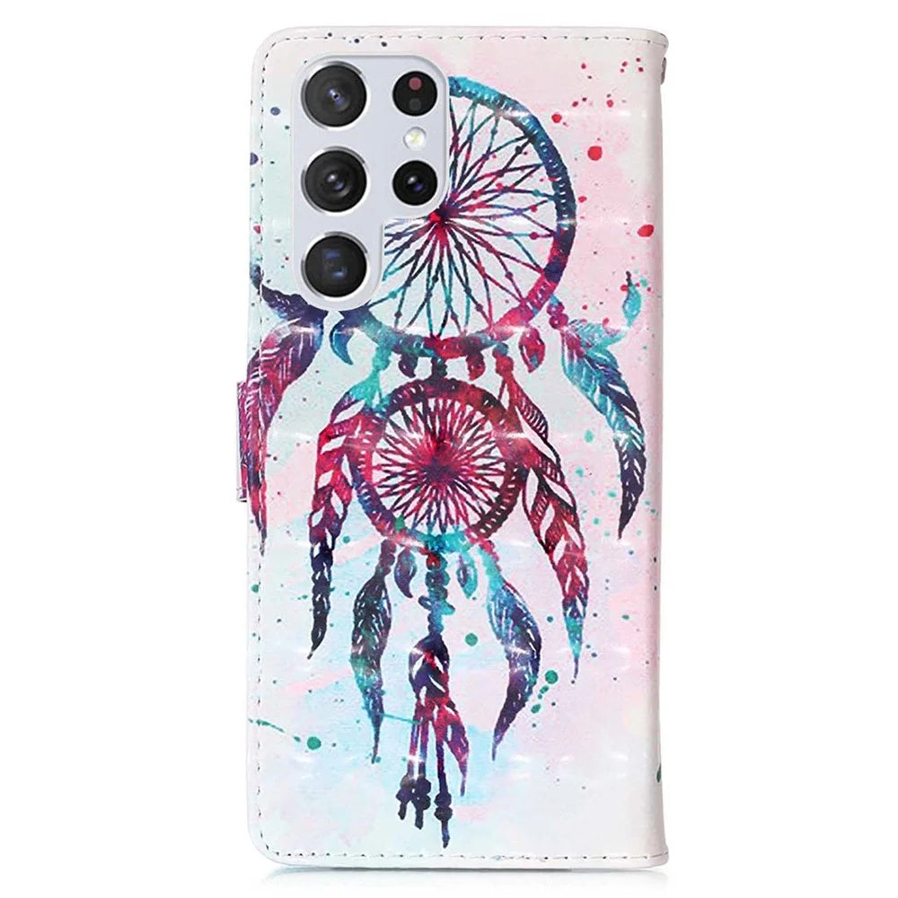 For Samsung Galaxy S23 Ultra Leather Case 3D Pattern Printing Wallet Stand Mobile Cover with Strap - Colorful Wind Chime - 7