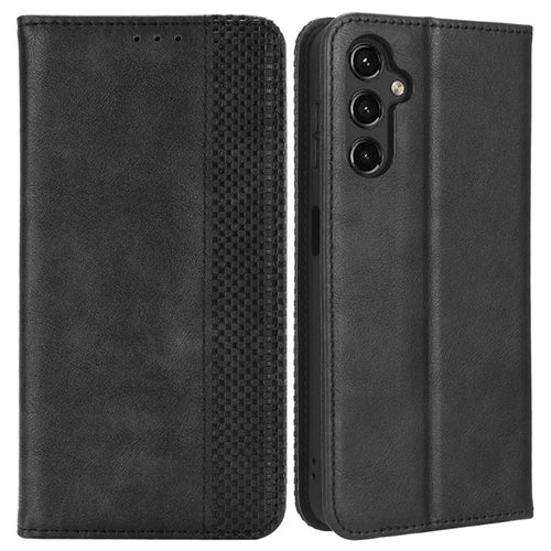 For Samsung Galaxy A14 5G / A14 4G Retro Texture Imprinted Pattern Phone Case PU Leather Magnetic Auto-absorbed Cover with Stand Wallet - Black - 1