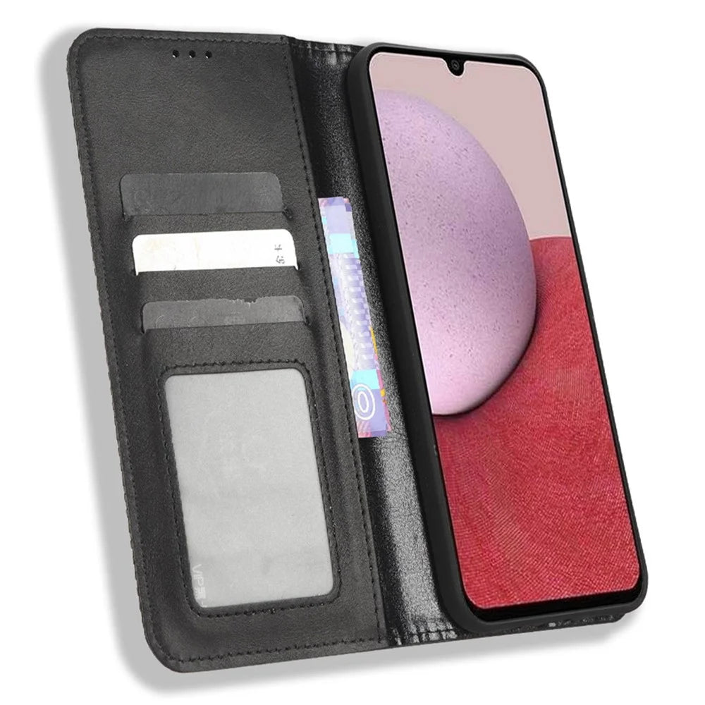 For Samsung Galaxy A14 5G / A14 4G Retro Texture Imprinted Pattern Phone Case PU Leather Magnetic Auto-absorbed Cover with Stand Wallet - Black - 2