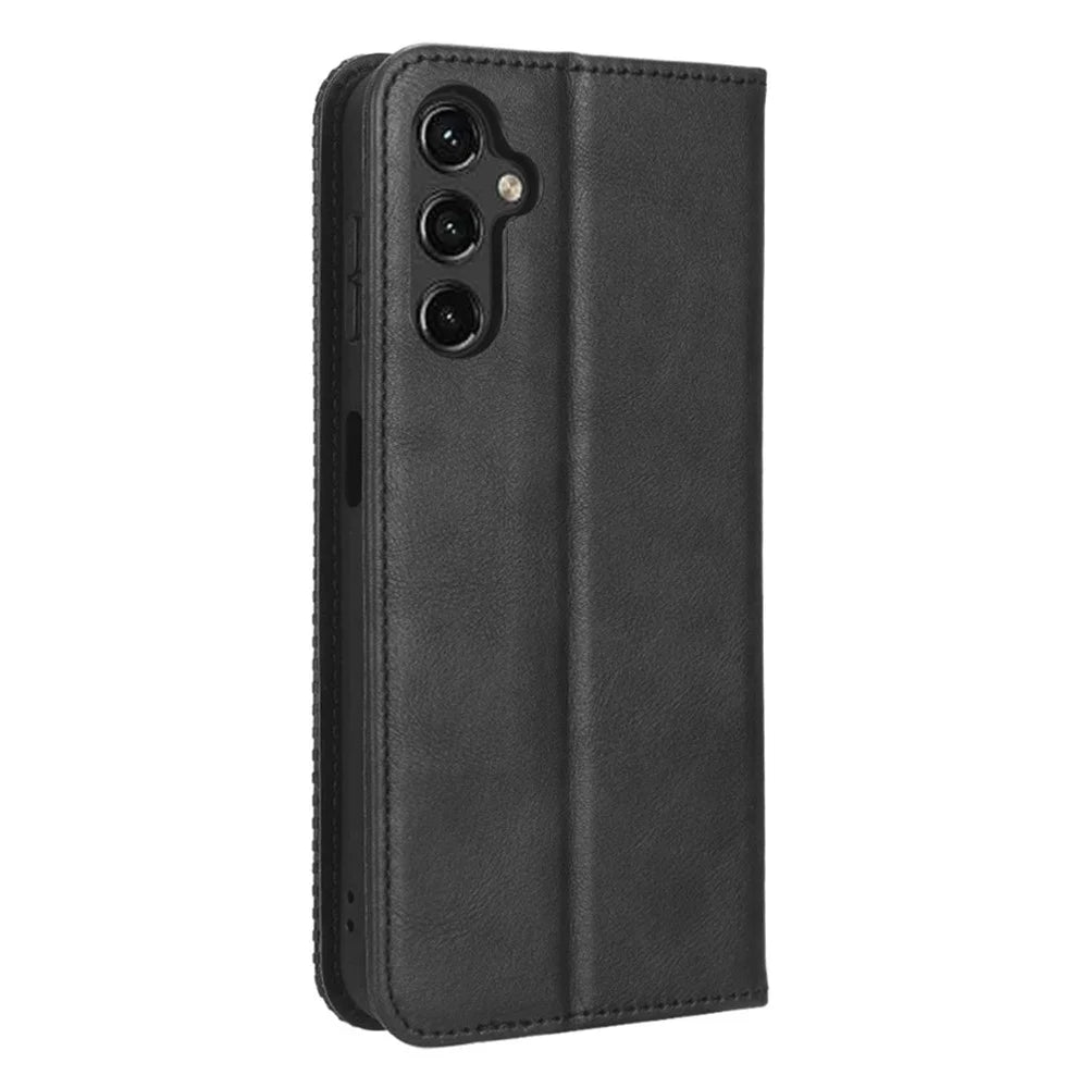 For Samsung Galaxy A14 5G / A14 4G Retro Texture Imprinted Pattern Phone Case PU Leather Magnetic Auto-absorbed Cover with Stand Wallet - Black - 7