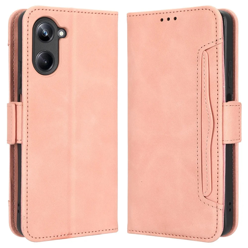 For Realme 10 4G PU Leather Wallet Phone Case Multiple Card Slots Stand Book Style Magnetic Closure Folio Cover - Pink - 1