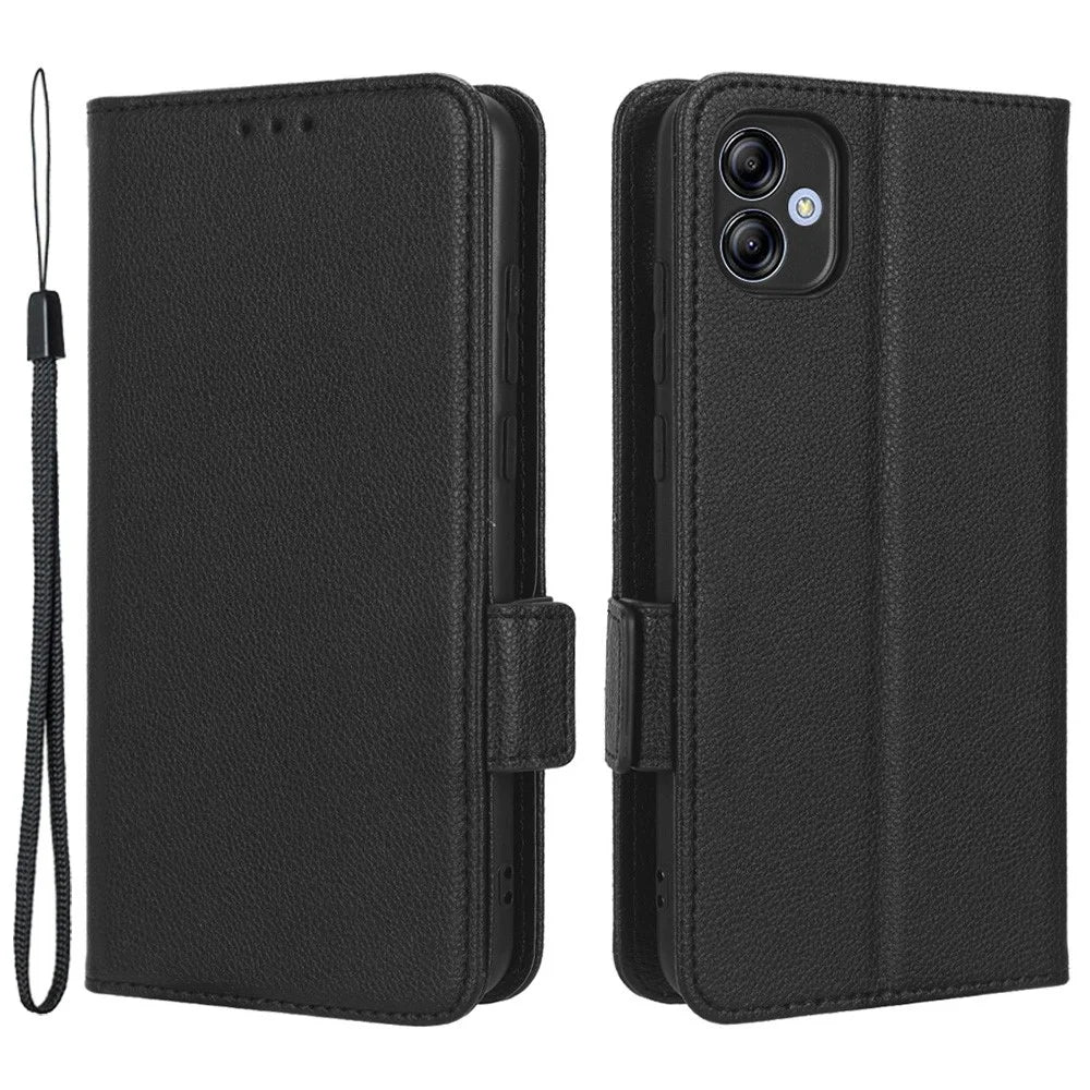 For Samsung Galaxy A04e 4G / F04 4G / M04 4G PU Leather Wallet Phone Case Dual Magnetic Clasp Litchi Texture Shockproof Flip Stand Cover - Black - 1