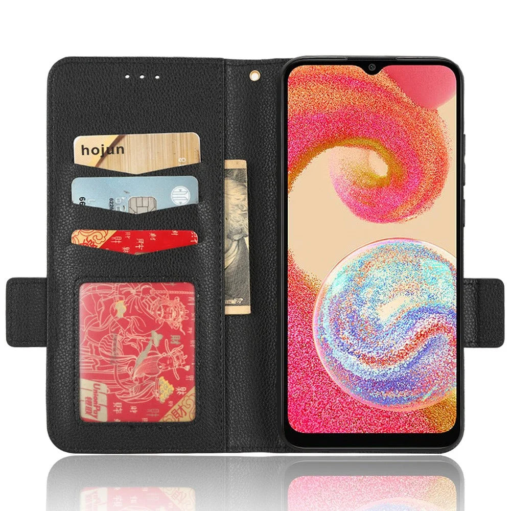 For Samsung Galaxy A04e 4G / F04 4G / M04 4G PU Leather Wallet Phone Case Dual Magnetic Clasp Litchi Texture Shockproof Flip Stand Cover - Black - 2