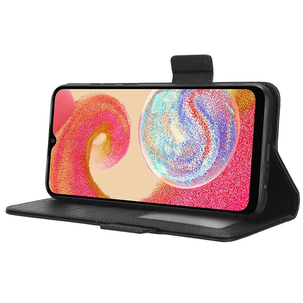 For Samsung Galaxy A04e 4G / F04 4G / M04 4G PU Leather Wallet Phone Case Dual Magnetic Clasp Litchi Texture Shockproof Flip Stand Cover - Black - 3