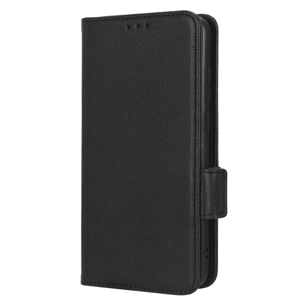 For Samsung Galaxy A04e 4G / F04 4G / M04 4G PU Leather Wallet Phone Case Dual Magnetic Clasp Litchi Texture Shockproof Flip Stand Cover - Black - 6