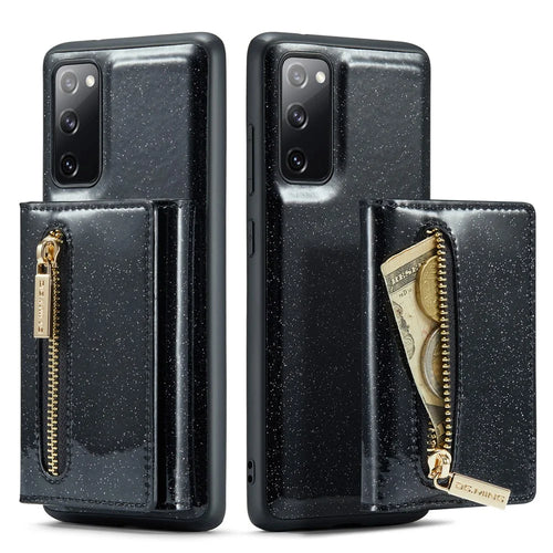 DG.MING M3 Series For Samsung Galaxy S20 FE 4G / 5G / S20 FE 2022 / S20 Lite 2-in-1 Glittery PU Leather Coated PC+TPU Back Case Kickstand Design Magnetic Detachable Zipper Wallet Phone Cover - Black - 1