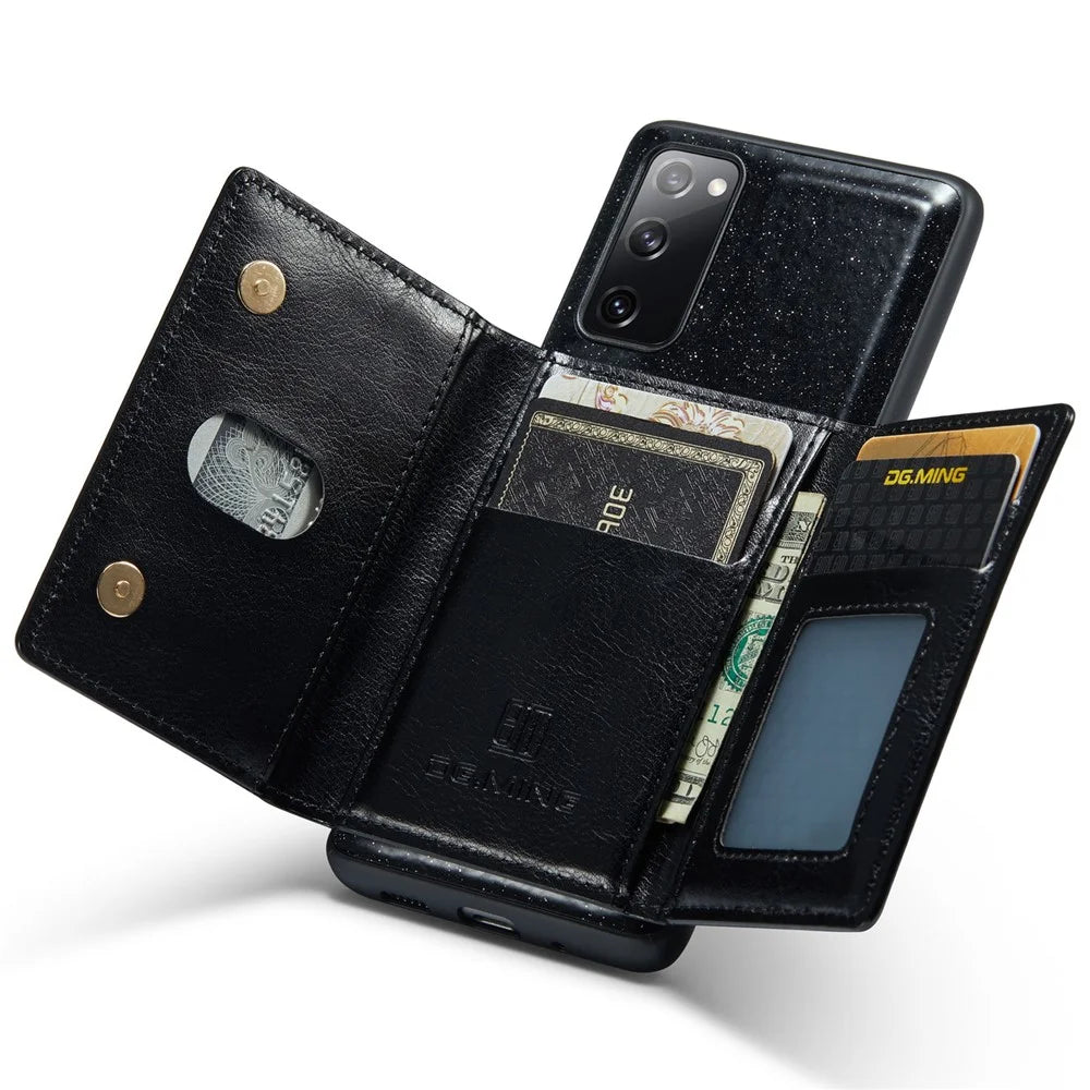 DG.MING M3 Series For Samsung Galaxy S20 FE 4G / 5G / S20 FE 2022 / S20 Lite 2-in-1 Glittery PU Leather Coated PC+TPU Back Case Kickstand Design Magnetic Detachable Zipper Wallet Phone Cover - Black - 2