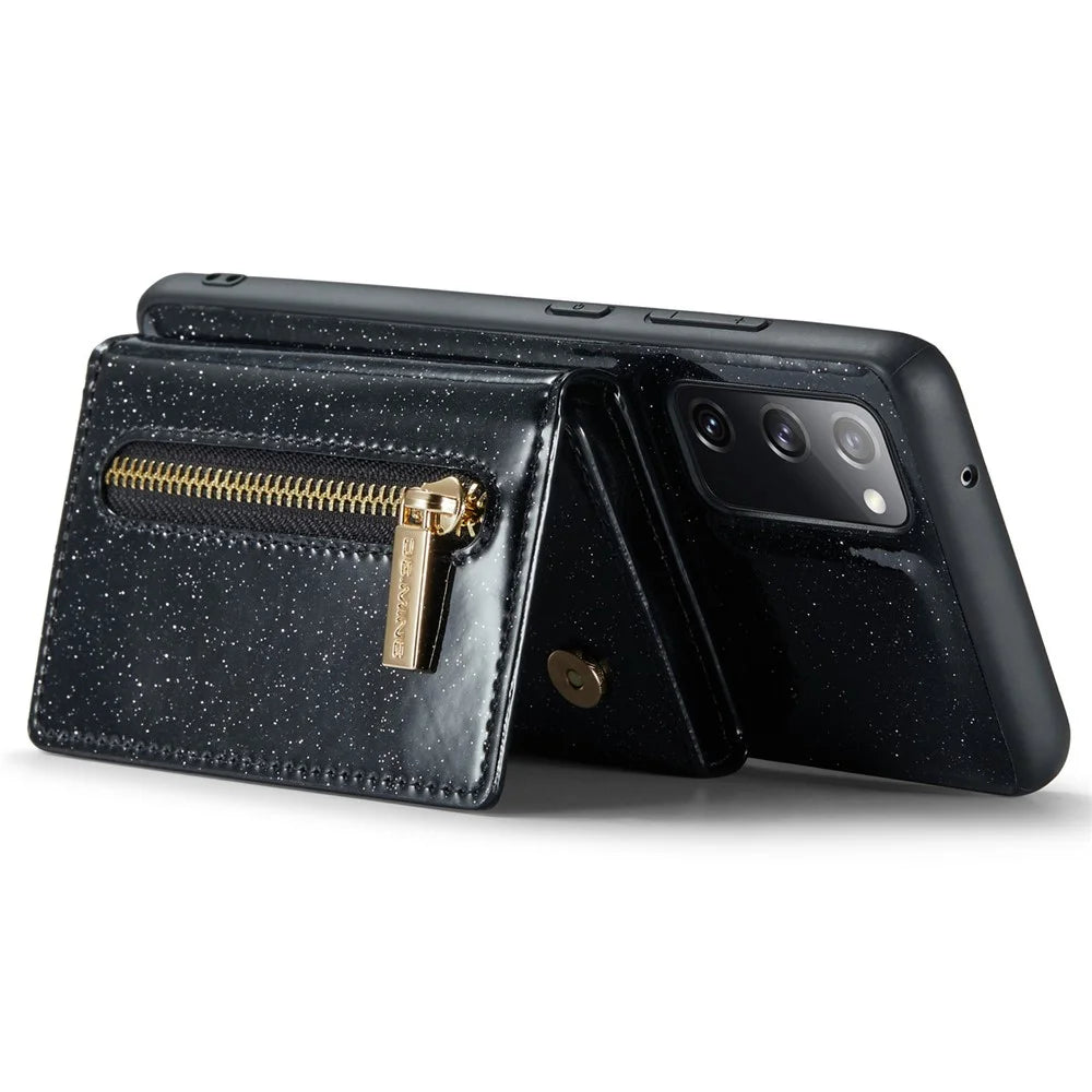 DG.MING M3 Series For Samsung Galaxy S20 FE 4G / 5G / S20 FE 2022 / S20 Lite 2-in-1 Glittery PU Leather Coated PC+TPU Back Case Kickstand Design Magnetic Detachable Zipper Wallet Phone Cover - Black - 3