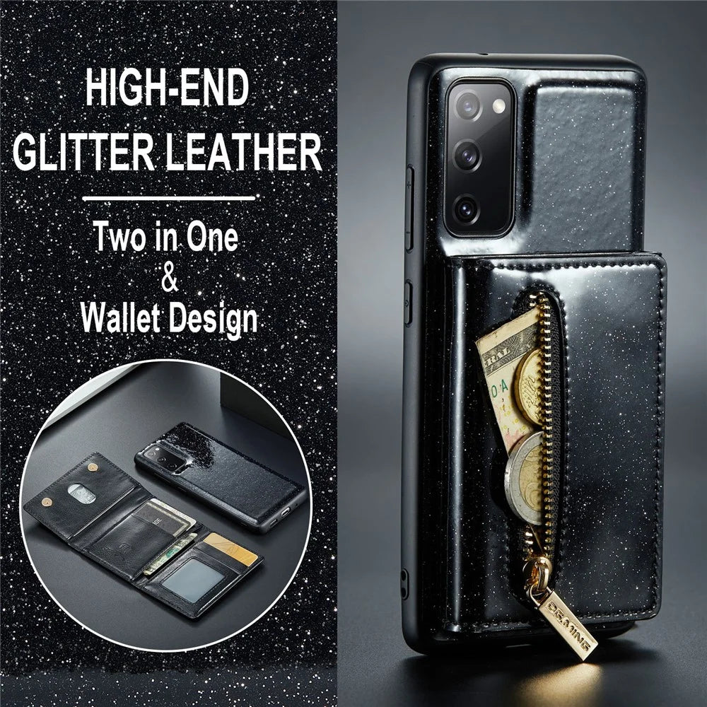DG.MING M3 Series For Samsung Galaxy S20 FE 4G / 5G / S20 FE 2022 / S20 Lite 2-in-1 Glittery PU Leather Coated PC+TPU Back Case Kickstand Design Magnetic Detachable Zipper Wallet Phone Cover - Black - 5