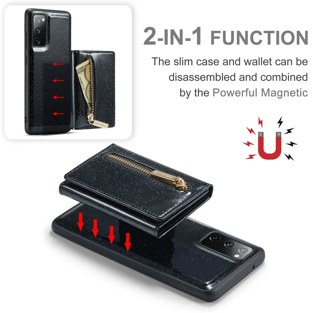 DG.MING M3 Series For Samsung Galaxy S20 FE 4G / 5G / S20 FE 2022 / S20 Lite 2-in-1 Glittery PU Leather Coated PC+TPU Back Case Kickstand Design Magnetic Detachable Zipper Wallet Phone Cover - Black - 6
