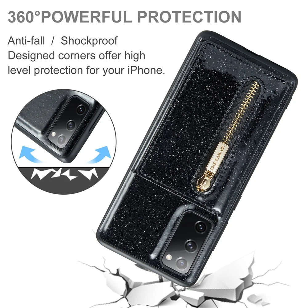 DG.MING M3 Series For Samsung Galaxy S20 FE 4G / 5G / S20 FE 2022 / S20 Lite 2-in-1 Glittery PU Leather Coated PC+TPU Back Case Kickstand Design Magnetic Detachable Zipper Wallet Phone Cover - Black - 7