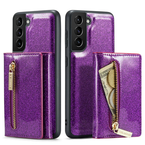 DG.MING M3 Series For Samsung Galaxy S21 4G / 5G 2-in-1 Glittery PU Leather Coated PC+TPU Anti-drop Back Case Magnetic Detachable Zipper Wallet Phone Cover with Kickstand - Dark Purple - 1