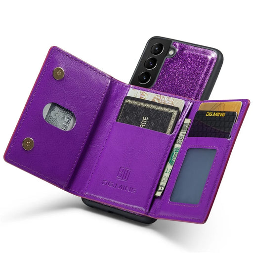 DG.MING M3 Series For Samsung Galaxy S21 4G / 5G 2-in-1 Glittery PU Leather Coated PC+TPU Anti-drop Back Case Magnetic Detachable Zipper Wallet Phone Cover with Kickstand - Dark Purple - 2