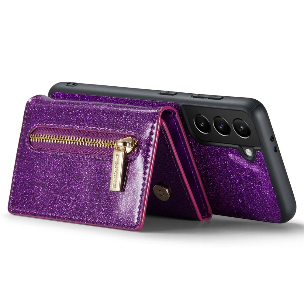 DG.MING M3 Series For Samsung Galaxy S21 4G / 5G 2-in-1 Glittery PU Leather Coated PC+TPU Anti-drop Back Case Magnetic Detachable Zipper Wallet Phone Cover with Kickstand - Dark Purple - 3