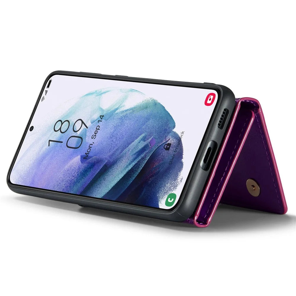 DG.MING M3 Series For Samsung Galaxy S21 4G / 5G 2-in-1 Glittery PU Leather Coated PC+TPU Anti-drop Back Case Magnetic Detachable Zipper Wallet Phone Cover with Kickstand - Dark Purple - 4