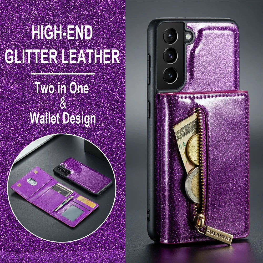 DG.MING M3 Series For Samsung Galaxy S21 4G / 5G 2-in-1 Glittery PU Leather Coated PC+TPU Anti-drop Back Case Magnetic Detachable Zipper Wallet Phone Cover with Kickstand - Dark Purple - 5