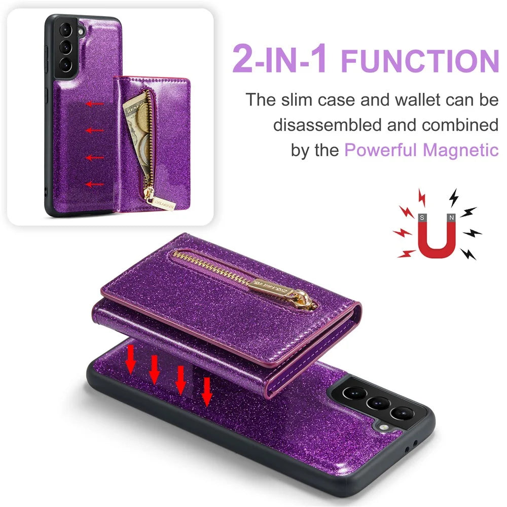 DG.MING M3 Series For Samsung Galaxy S21 4G / 5G 2-in-1 Glittery PU Leather Coated PC+TPU Anti-drop Back Case Magnetic Detachable Zipper Wallet Phone Cover with Kickstand - Dark Purple - 6