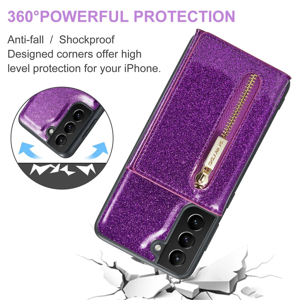 DG.MING M3 Series For Samsung Galaxy S21 4G / 5G 2-in-1 Glittery PU Leather Coated PC+TPU Anti-drop Back Case Magnetic Detachable Zipper Wallet Phone Cover with Kickstand - Dark Purple - 7
