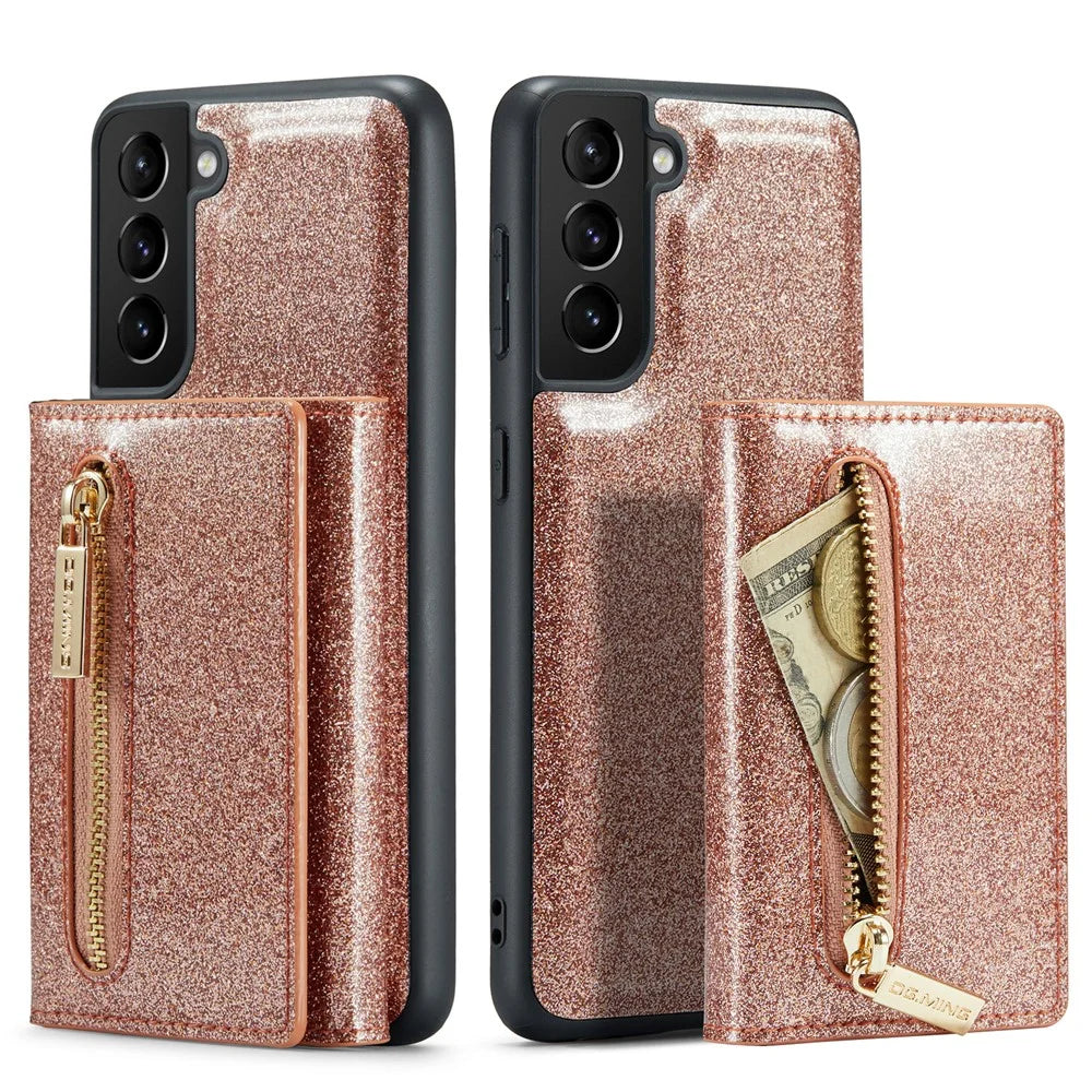 DG.MING M3 Series For Samsung Galaxy S21+ 5G 2-in-1 Glittery PU Leather Coated PC+TPU Back Case Magnetic Detachable Zipper Wallet Scratch-proof Phone Cover with Kickstand - Rose Gold - 1